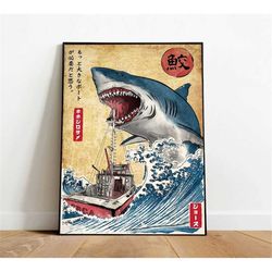 japanese jaws art poster, canvas wall art, rolled