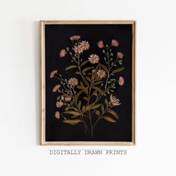 dark floral print, dark academia, wildflower print, moody painting, black botanical print, vintage flower artwork, art d