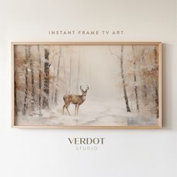 Deer in Forest Winter Christmas Frame Tv Art, Winter Landscape Frame Tv Oil Painting, Digital Download, Vintage Christma