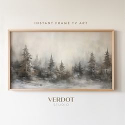 Moody Winter Forest Landscape Frame TV Art, Rustic Vintage Christmas Screensaver, Evergreen Trees Oil Painting Christmas