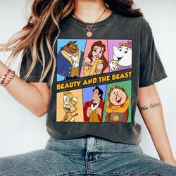 disney beauty and the beast retro panel tshirt, belle,beast,gaston,corgworth,mrs potts and chip,lumiere, disneyland fami