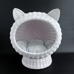 Cat lounge Basket wicker bed Pet cave white color pet house Cozy wicker cat basket bed with ears Cat bed cute