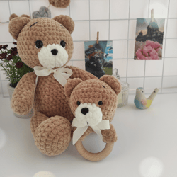 Knitted teddy bear and rattle toy, Rattle bear
