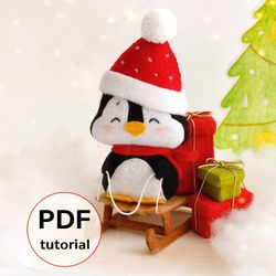 Felt penguin on the sleigh with Christmas presents hand sewing PDF tutorial with patterns, DIY Christmas ornaments