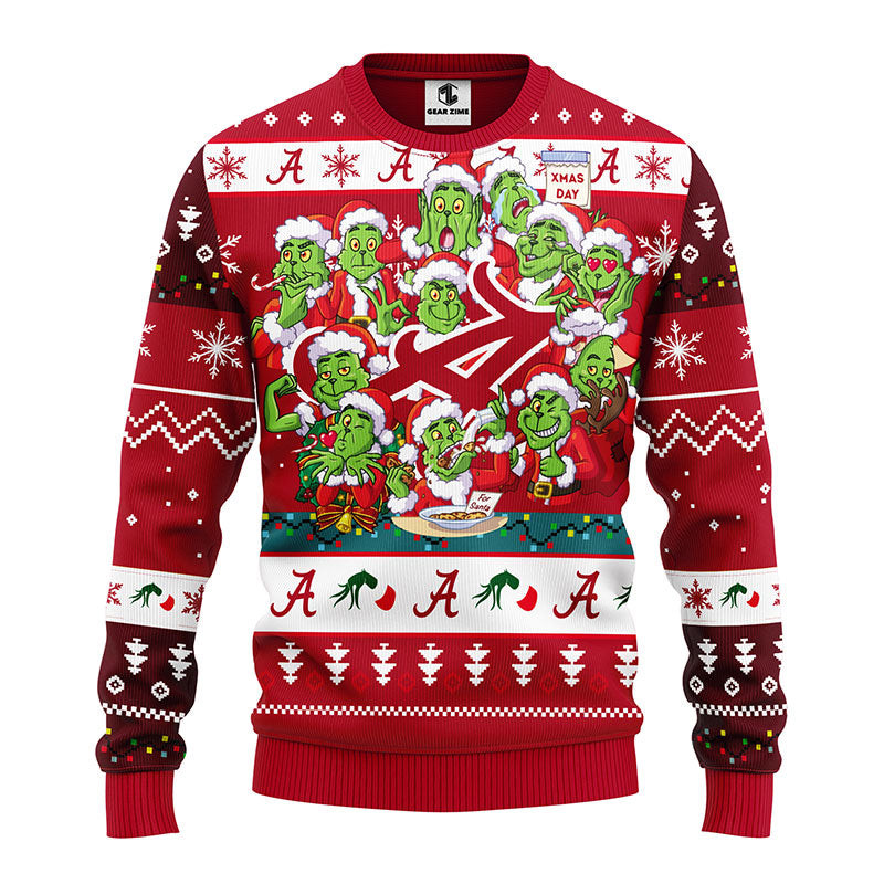 NCAA Alabama Crimson Tide 12 Grinch All Over Print Ugly Hoodie 3D Zip Hoodie 3D Ugly Christmas Sweater 3D Fleece Hoodie