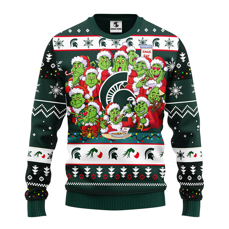NCAA Michigan State Spartans 12 Grinch All Over Print Ugly Hoodie Zip Hoodie 3D Ugly Christmas Sweater 3D Fleece Hoodie