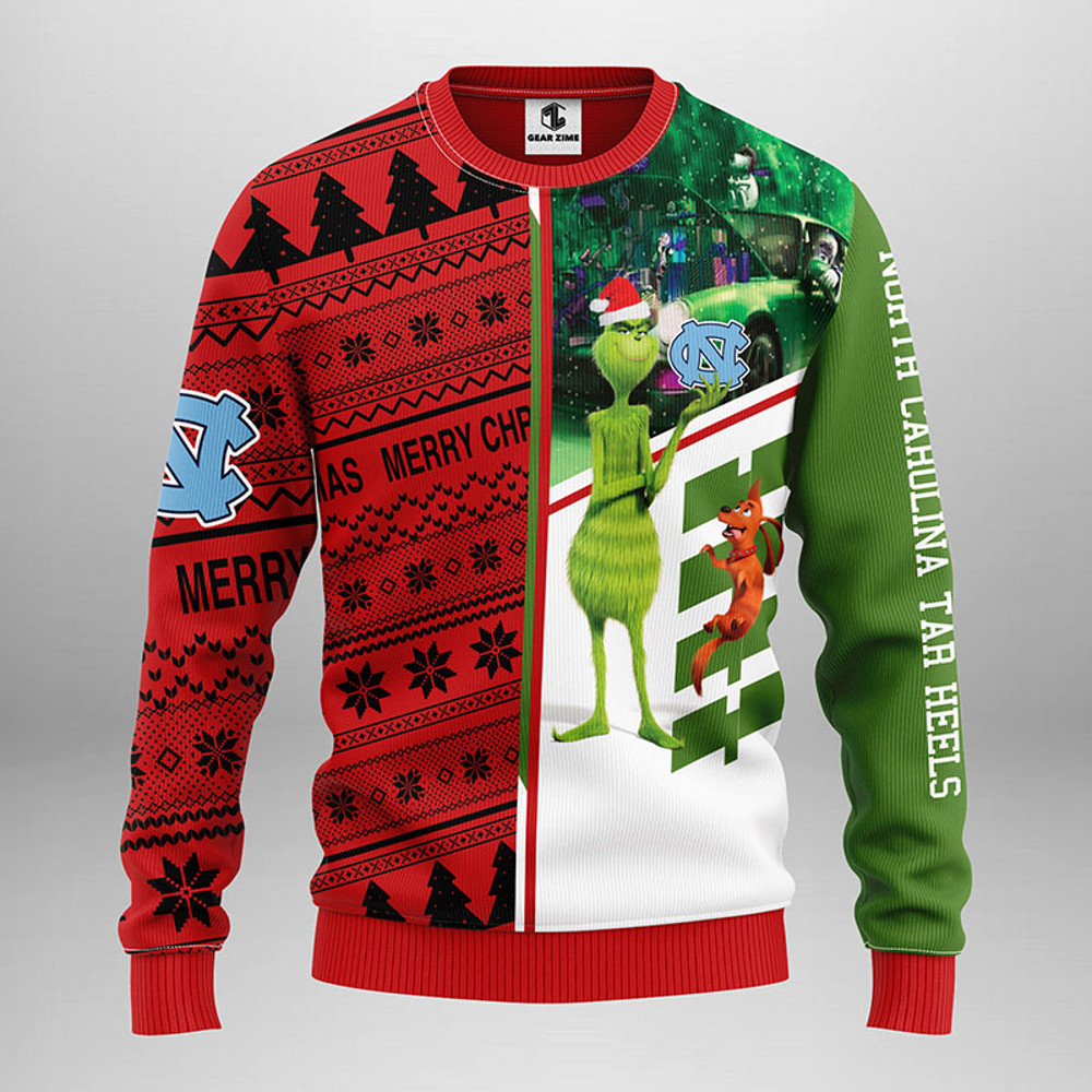 NCAA North Carolina Tar Heels Grinch & Scooby-doo Ugly Hoodie 3D Zip Hoodie 3D Ugly Christmas Sweater 3D Fleece Hoodie