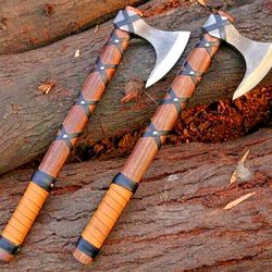 pair of handmade viking axes | custom forged ragnar bearded nordic battle axes | 22" carbon steel blades