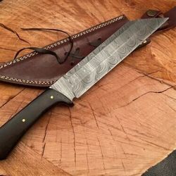 custom handmade damascus steel seax wood handle knife with leather sheath