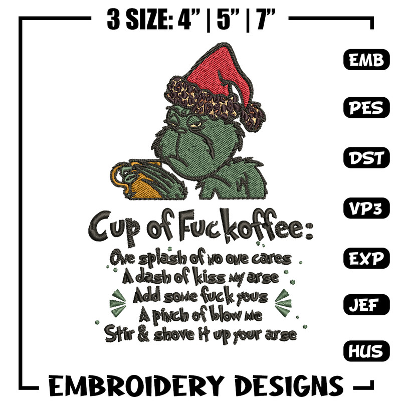 Cup of fuckoffee grinch Embroidery design, Grinch christmas Embroidery, Grinch design, Embroidery File, Instant download.jpg