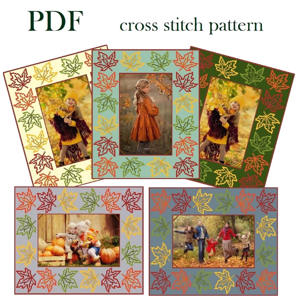 Unique Embroidered Photo Frame. Fall Embroidery Design. Easy Cross Stitch Pattern PDF. Beginner Embroidery. Autumn Maple Leaves Cross Stitch.jpg
