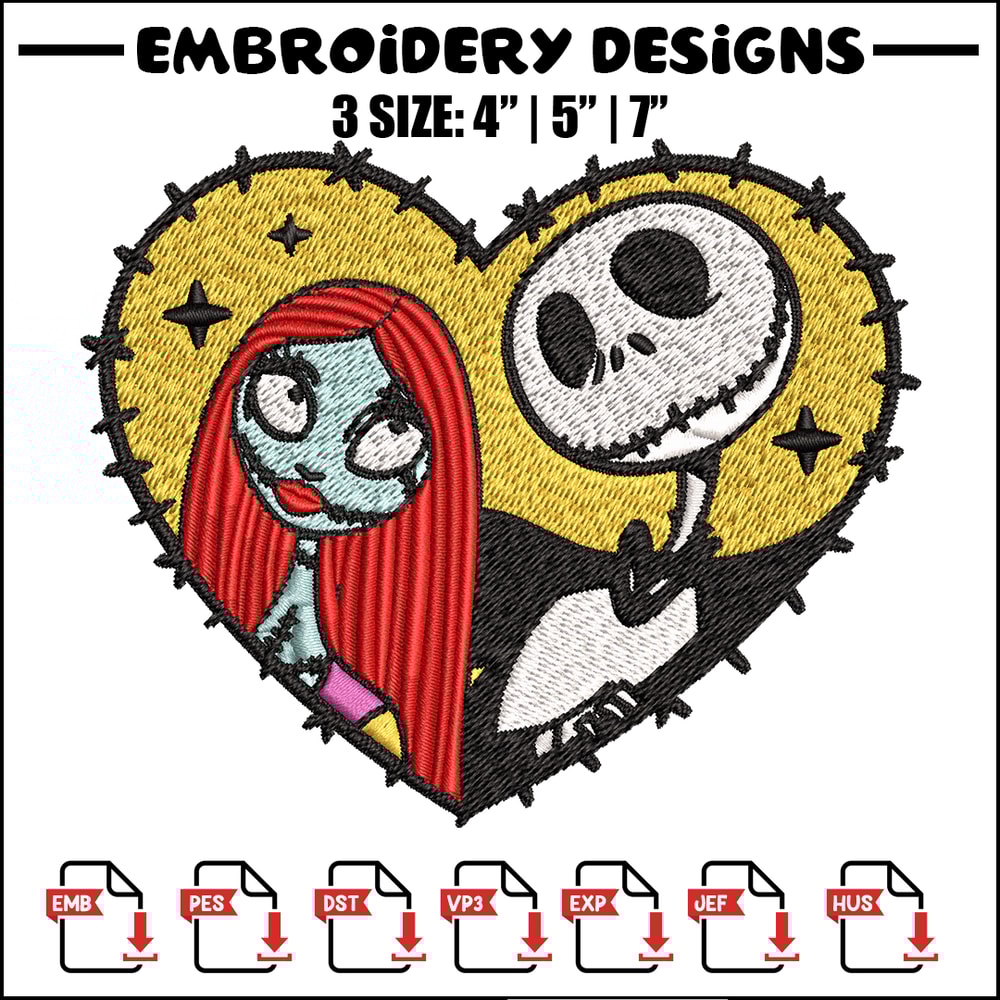 Jack and Sally in Heart Embroidery design, Horror Embroidery, horror design, Embroidery File, Digital download..jpg