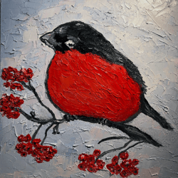 Bird Painting, Original  Canvas Wall Art Bullfinch