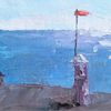 Lifeguard tower. Fragment of a close-up original sea beach Painting.