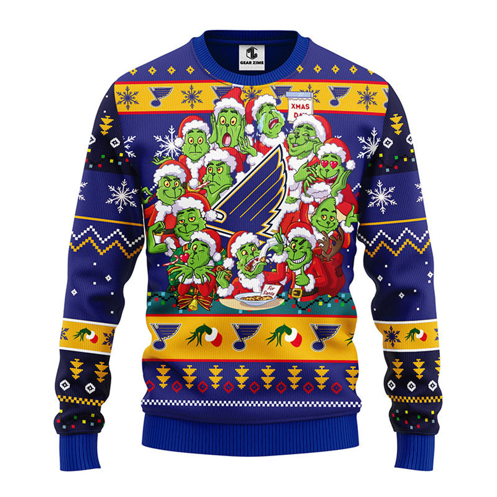 NLH St. Louis Blues 12 Grinch All Over Print Ugly Hoodie 3D Zip Hoodie 3D Ugly Christmas Sweater 3D Fleece Hoodie