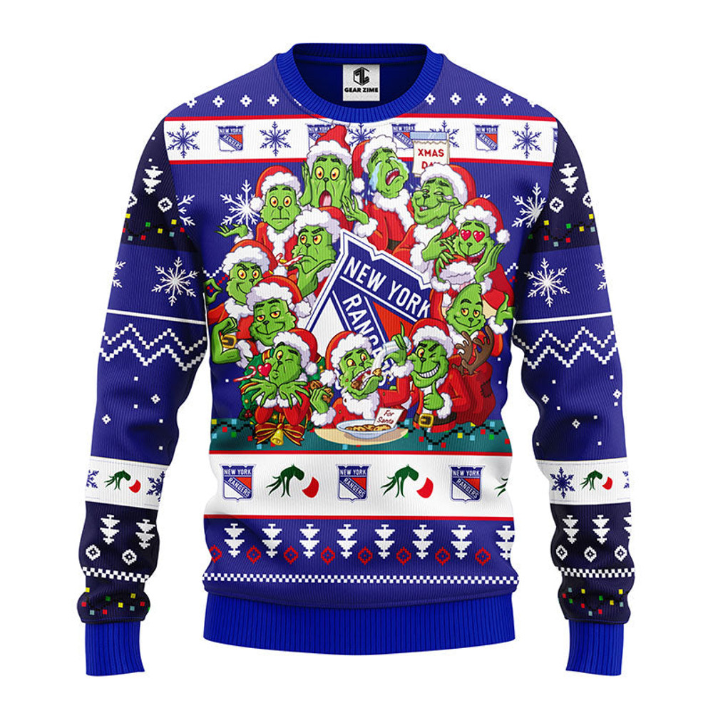 NLH New York Rangers 12 Grinch All Over Print Ugly Hoodie 3D Zip Hoodie 3D Ugly Christmas Sweater 3D Fleece Hoodie