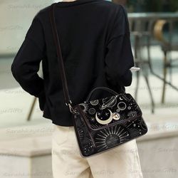 cottagecore celestial moon black leather satchel bag, moon crossbody purse, small crossbody bag