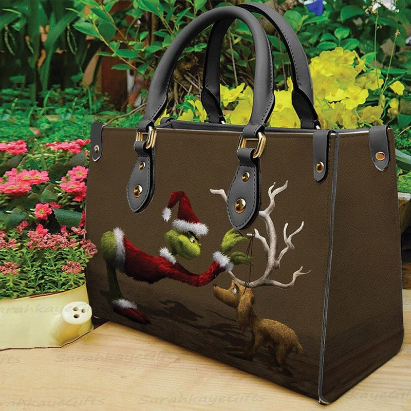 Grinch and Max Leather Bag, Grinch Lover Handbag, Custom Leather Bag, Woman Handbag, Custom Leather Bag, HandBag comes with long strap 1.jpg