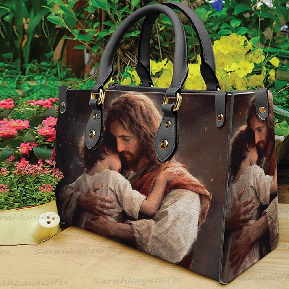 Jesus Hugging Child leather Bag Handbag, Jesus Christmas Handbag, Jesus Christmas Bag and Purses, Custom Leather Bag, Christmas Gift.jpg