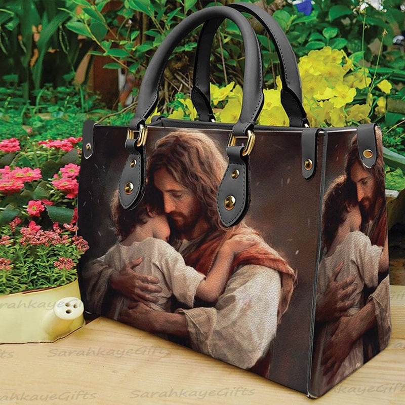 Jesus Hugging Child leather Bag Handbag, Jesus Christmas Handbag, Jesus Christmas Bag and Purses, Custom Leather Bag, Christmas Gift.jpg