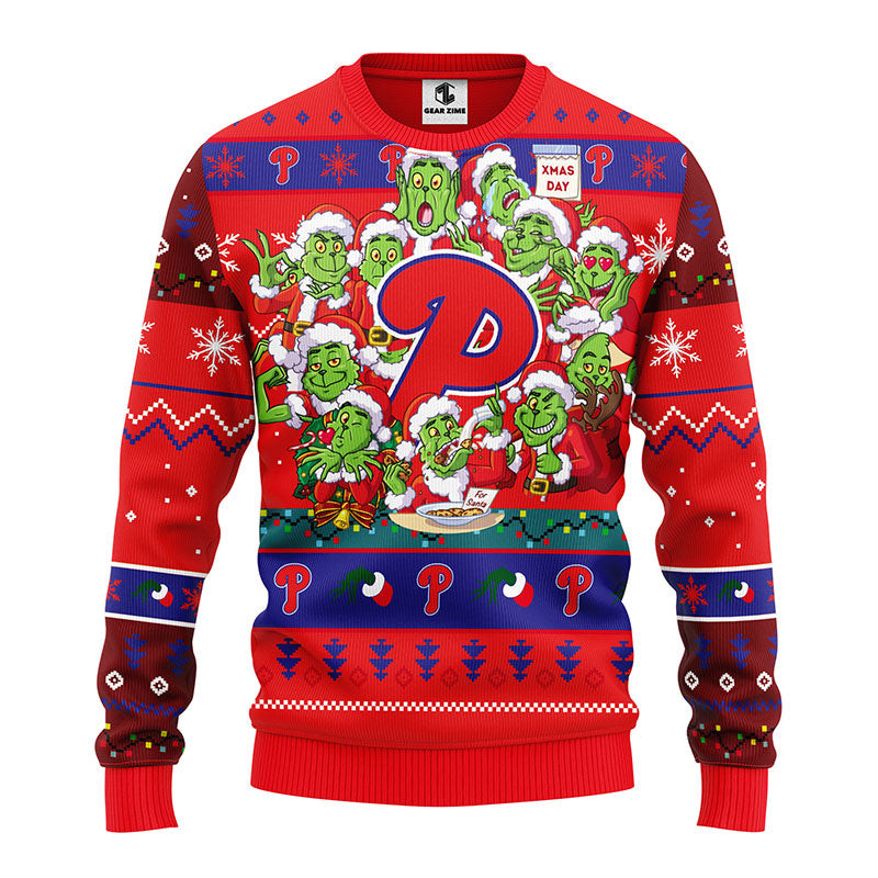 MLB Philadelphia Phillies 12 Grinch All Over Print Ugly Hoodie 3D Zip Hoodie 3D Ugly Christmas Sweater 3D Fleece Hoodie