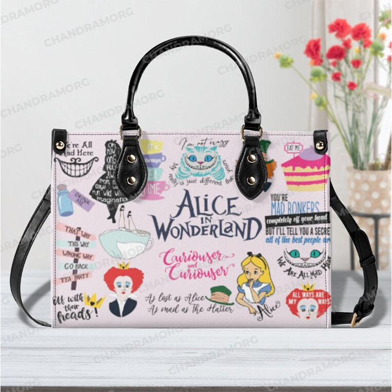Alice In Wonderland Leather Bag hand bag,Custom Alice Woman Handbag,Alice Lover's Handbag,Custom Leather Bag,Personalized Bag,Christmas Gift.jpg