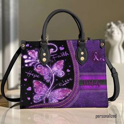 butterfly faith hope love leather bag hand bag, custom butterfly woman handbag, butterfly lovers handbag