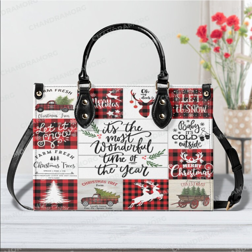 Custom Most Wonderful Time Red Plaid Christmas Women leather Bag Handbag,Christmas Woman Handbag,Christmas Women Bag Purses,Christmas Gift.jpg