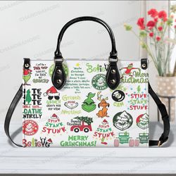 Grinch Christmas Women Leather Bags, Grinch Women Bags and Purses, Grinch Lovers Handbag