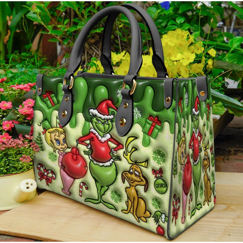 Grinch Leather Hand Bag,Grinch Christmas Handbag,Grinch Woman Purse,Grinch Lover's Handbag,Custom Leather Bag,Personalized Bag,Vintage Bags.jpg