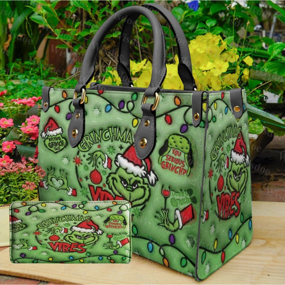 Grinch Vibes Leather Bags ,Grinch Lovers Handbag,Grinch Merry Christmas Women Bags Purses,Custom Leather Bags,Woman Handbag,Christmas Gifts.jpg