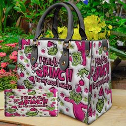 i think grinch is my soulmate leather bags, grinch lovers handbag, grinch merry christmas women bags purses