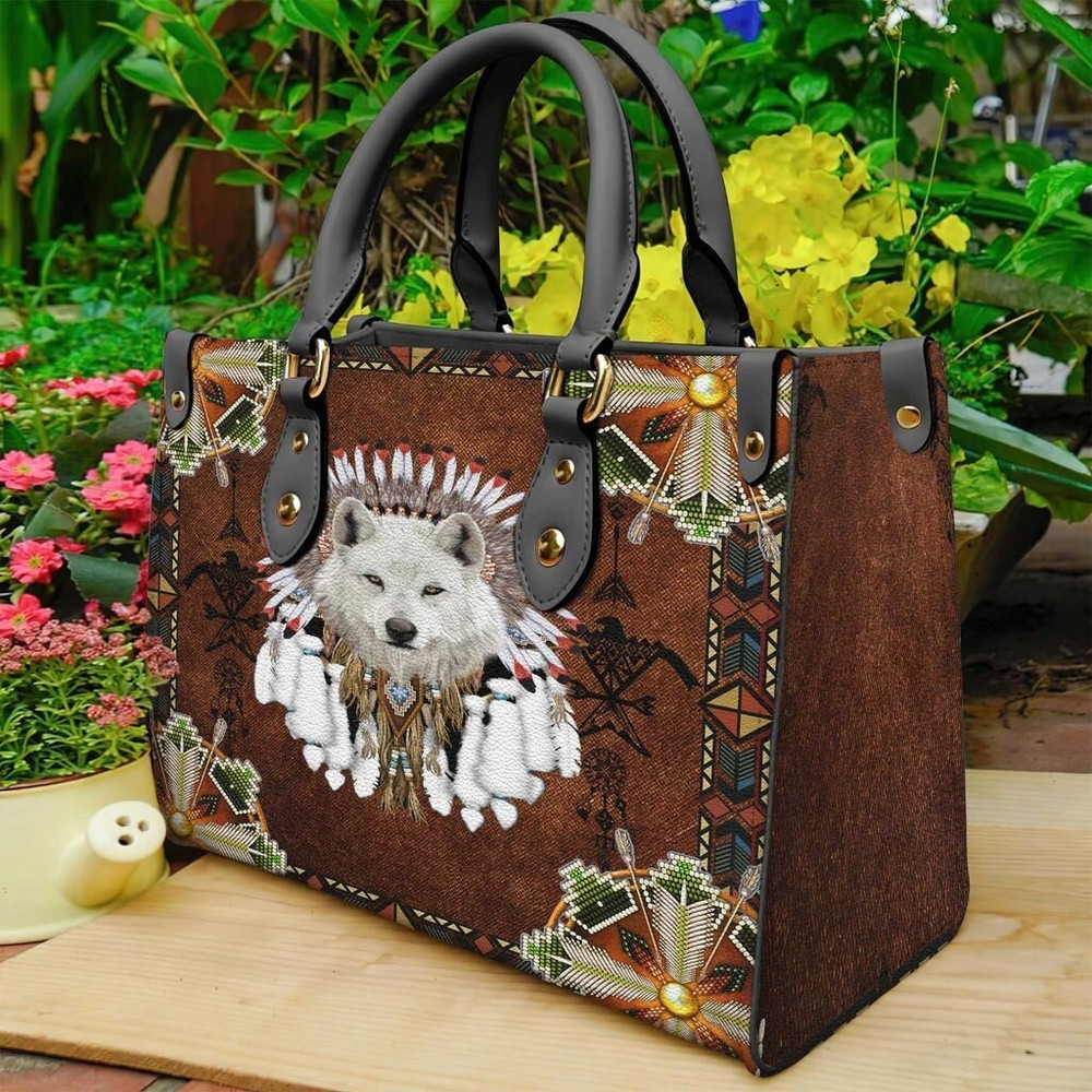 White Wolf With Headress Feathers Leather Bag, Native Woman Purse, Mandala Handbag, Vintage Handbag, Custom Leather Bag, Personalized Bag.jpg