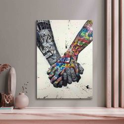 wall art  couple holding hands graffiti painting, lovers holding hands art, lovers holding hands canvas, street graffiti