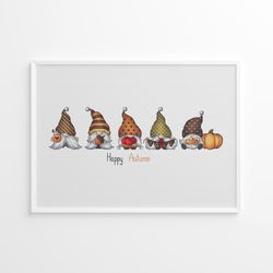 Set of Five Mini Fall Gnomes Cross Stitch Pattern, Cozy Autumn Gnomes, Digital File PDF Instant Download, Thanksgiving