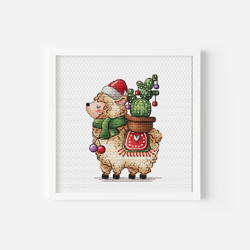 Alpaca in Santa Claus Hat with Christmas Cactus Cross Stitch Pattern, Alpaca Hand Embroidery, Cactus Christmas Decor