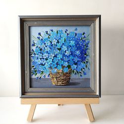 Forget-me-nots acrylic painting. Bouquet of blue flowers art impasto