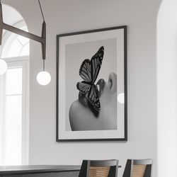 butterfly on lip canvas, luxury fashion print, aesthetic teen girl bedroom decor, vintage wall art, black and white artw