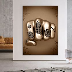 hand, fist canvas painting, chain fist canvas print, 3d effect bronze glitter textured canvas painting-1