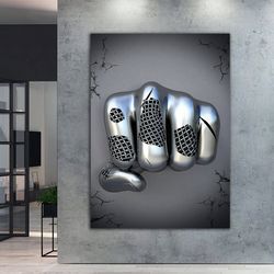 hand, fist canvas painting, chain fist canvas print, 3d effect silver glitter textured canvas painting
