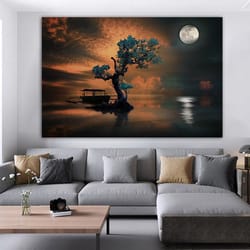 lake landscape canvas, man in boat and night canvas print, nature canvas painting-1