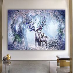 wild deer buck in forest stag animal nature landscape canvas wall art, deer canvas, deer grass leaves wall art canvas, a