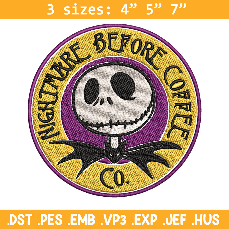 Nightmare before coffee Embroidery design, jack skellington Embroidery, Embroidery File, Horror design, Digital download.jpg