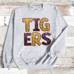 glitter go tigers sweatshirt, lsu faux sequin sweatshirt, lsu sweatshirt, oversized shirt, louisiana gameday , louisiana