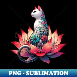 White cat with flower tattoo in lotus - Retro PNG Sublimation Digital Download - Add a Festive Touch to Every Day