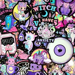 50 PCS Purple Gothic Sticker Pack, Cartoon Children Stickers, Halloween Horror Stickers, School Stickers, Laptop Decals