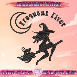 frequent flyer embroidery design, flying witch embroidery, halloween embroidery design, machine embroidery designs
