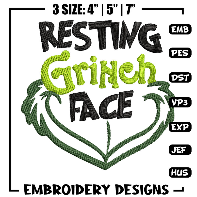 Resting Grinch Face Embroidery design, Grinch christmas Embroidery, Grinch design, Embroidery File, Instant download.jpg