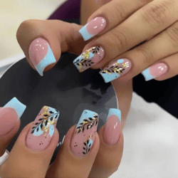 24pcs false nails with glue flower design long coffin french ballerina fake nails full cover acrylic nail tips press on