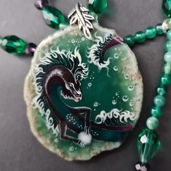 Dragon necklace. Green dragon painting on Agate Stone. Like witch craft jewelry. This is a real wearable art.